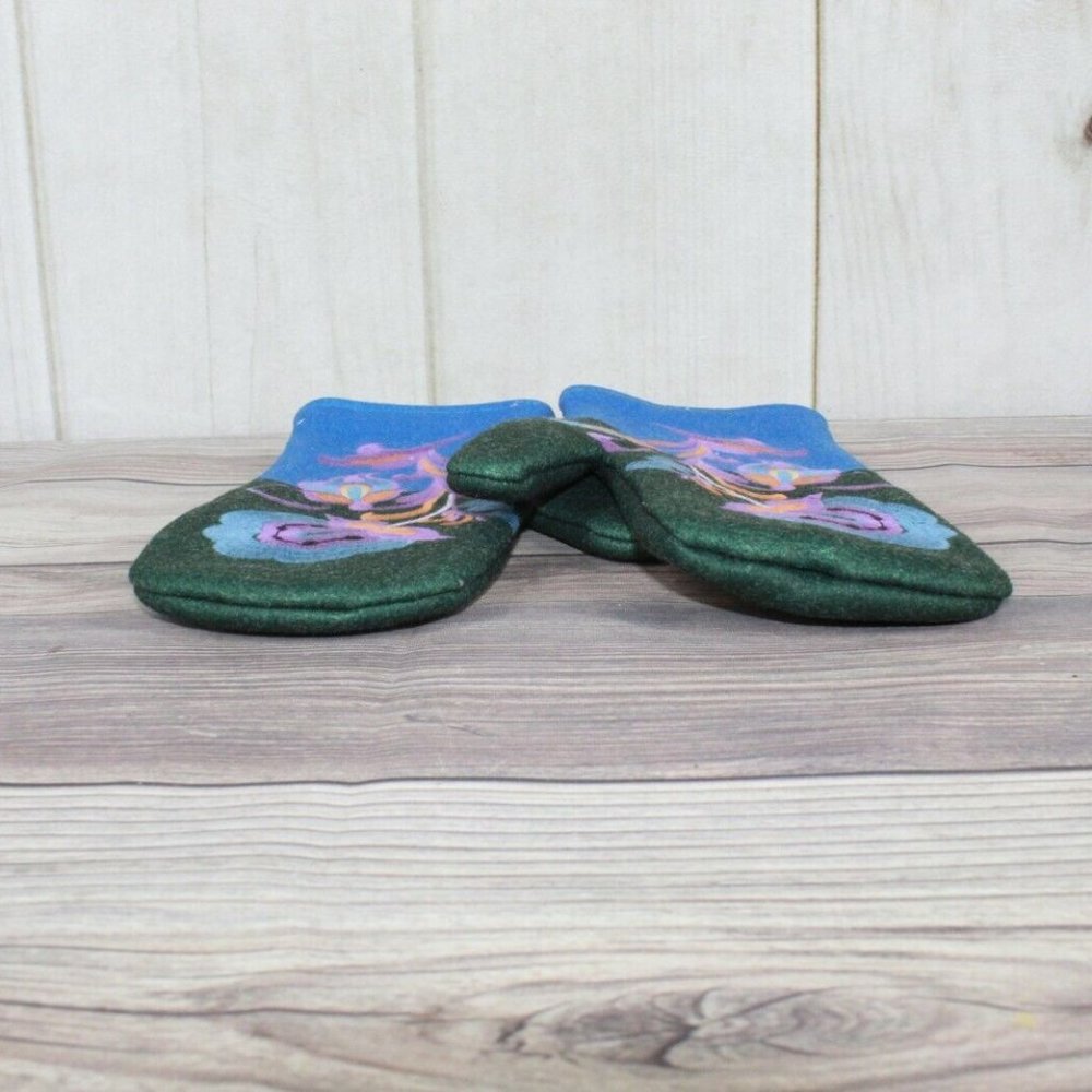New! Blue Green Wool Floral Embroidered Faux Fur Lined Felt Mittens Size Large - Picture 10 of 10